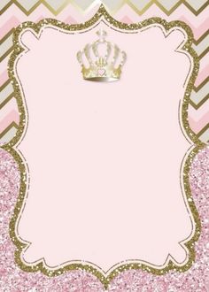 a pink and gold glitter frame with a crown on the top, in front of a chevron background