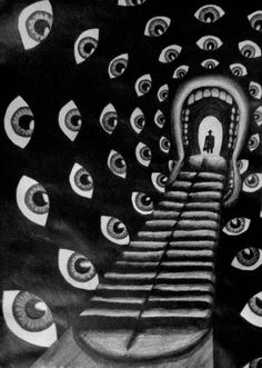 an artistic drawing with lots of eyes and a man standing on top of the stairs