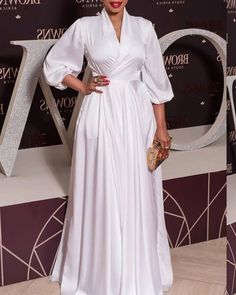 Lasaky - High-Neck Waist Cinched Solid Color Dress for Formal Events Dresses For Formal Events, Quarter Sleeve Dress, Straight Clothes, White Chic, Vogue Dress, White Long Sleeve Dress, Solid Color Dress, Straight Dress, Women Maxi