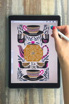 a person is drawing tea time on an ipad