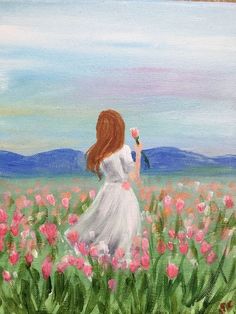 a painting of a girl in a field with flowers holding a pink flower and looking at the sky