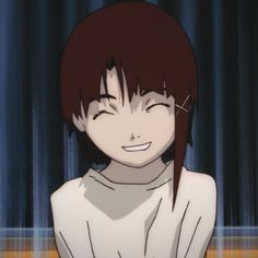 an anime character with red hair and white shirt smiling at someone in front of blue curtains