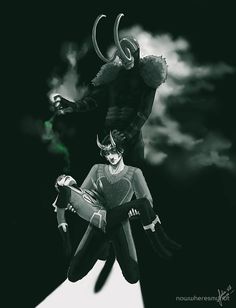 an artistic photo of two people dressed as devil and demon riding on top of each other