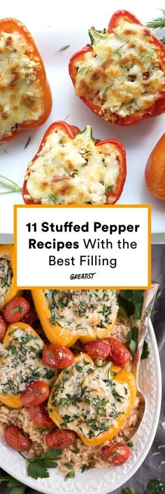 stuffed peppers with cheese and tomatoes in them on a white plate next to an image of the