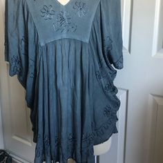 Beautiful Blue Color Drapey Winged Sleeves Light Material Bohemian Washed Blue Tops For Summer, Blue One Size V-neck Top, Blue V-neck Top One Size, Blue V-neck Top, Spring Blue Tops One Size, Blue Casual Tops One Size, Casual Blue One Size Tops, Winged Sleeves, Boho Style Tops