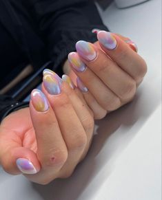 Multi Colored Chrome Nails, Chrome Rainbow Nails, Rainbow Pastel Nails, Rainbow Chrome Nails, Colorful Chrome Nails, Chrome Nail Ideas, Rainbow Chrome, Simple Spring Nails