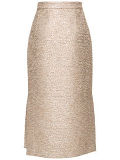 Concealed side zip closure. Side slit at hem. Lined. Model is wearing a size8 Tweed Midi Skirt, Smart Closet, Mini Wrap Skirt, Silver Skirt, Gold Skirt, Latest Skirts, Emilia Wickstead, Denim Midi Skirt, Layered Skirt