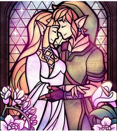 a stained glass window with a couple kissing