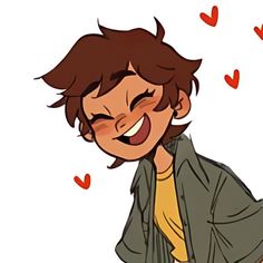 a drawing of a boy laughing with hearts around him