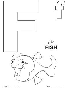 the letter f for fish coloring page with an image of a fish in front of it