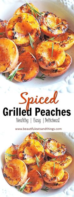 grilled peaches with rosemary sprigs in a white bowl