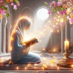 a woman sitting on the floor reading a book with lights coming from her head and flowers around her