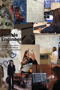 a collage of photos with people working on computers and writing on the whiteboard