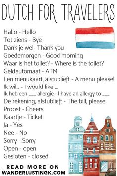 a poster with words describing dutch for travelers