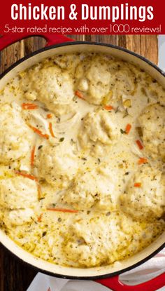 chicken and dumplings in a red pot on a wooden table with text overlay