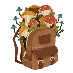 a brown backpack with mushrooms and leaves on it