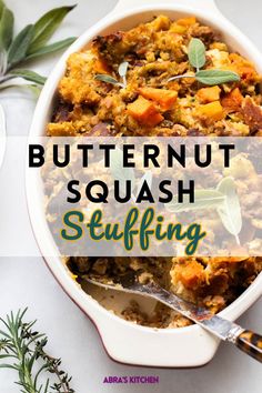 butternut squash stuffing in a casserole dish