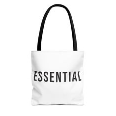 Essential totebag with tasteful text and sleek design. Perfect for everyday use, this tote bag is durable and functional. Its stylish design adds a touch of sophistication to any outfit. Ideal for those who appreciate practicality and style. Product features - 100% Polyester body for strength and durability - Seamless thread color for a polished finish - Reinforced stitching on handles for extra strength - Boxed corners for added room - Available in 5 handle colors and 3 sizes for customization Care instructions - Remove all items from the bag before cleaning. Suggested to pretreat visible stains with stain remover. Mix warm water with laundry detergent and clean the bag with terry washcloth or a soft bristle brush. Let the bag air dry. Simple Shopping Bag With Adjustable Strap, Simple Bags With Adjustable Strap For Shopping, Simple Double Handle Travel Bags, Minimalist Large Capacity Shopping Bags, Functional Everyday Bags With Letter Print, Trendy Rectangular Canvas Bag For Everyday, Modern Large Capacity Canvas Bag For Everyday Use, Trendy Everyday Rectangular Canvas Bag, Simple Rectangular Bag For Everyday Use