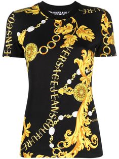 black/gold-tone stretch-cotton baroque-pattern print all-over logo print crew neck short sleeves straight hem Versace Silk Shirt, Versace T Shirt, Versace Logo, Versace Jeans Couture, Versace Jeans, Silk Shirt, T Shirt Top, Logo Print, Stretch Cotton