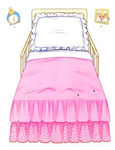 a drawing of a bed with pink and white bedspread on top of it