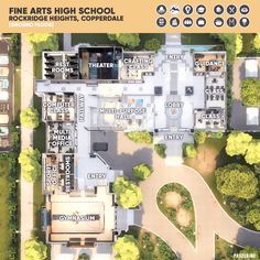 an aerial view of a school building with lots of trees and bushes on the ground