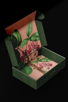 an open box with flowers and leaves painted on the inside, sitting on a black surface