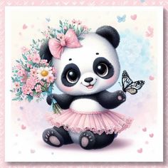 a panda bear with flowers and a butterfly on it's head sitting in front of a pink background