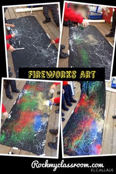 four pictures of people painting with chalk and paintbrushes on the floor in front of them