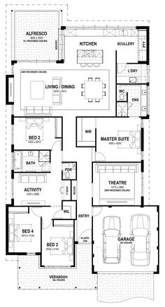 the floor plan for a two story home with three car garages and an attached living area