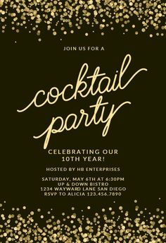 a black and gold cocktail party with confetti on it's border, the words cocktail party are in cursive font