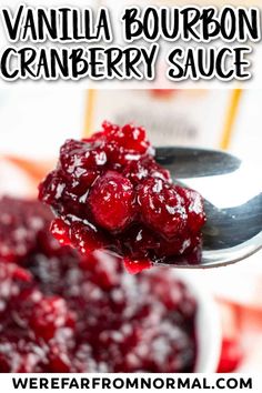 cranberry sauce on a spoon with text overlay