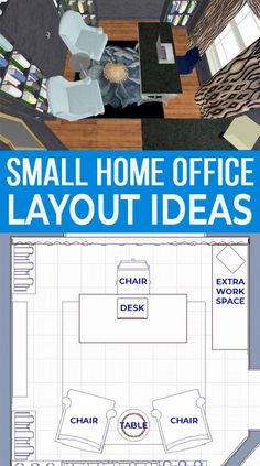 the small home office layout is shown in blue and white, as well as an overhead view