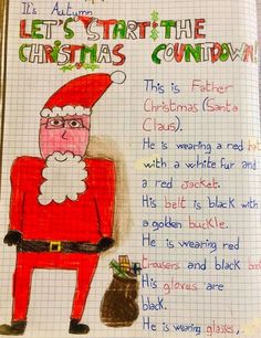 a drawing of santa clause holding a sack of presents in front of a christmas message