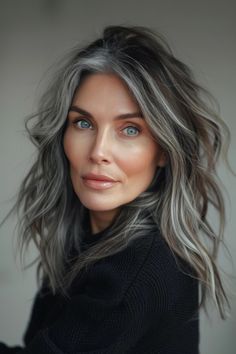 Hair Color That Blends Well With Gray, Balayage With Grey Hair, Ash Brown Hair Makeup, Grey Hair With White Highlights, Asian Grey Hair Balayage, Long Salt And Pepper Hair Over 50, Turning Grey Hair Aging Gracefully, Gray Hair Makeup Looks