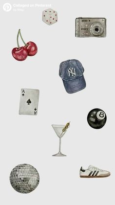 various items are arranged in the shape of a circle on a white background, including a hat, ball, sunglasses, and other objects