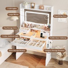 the contents of a makeup vanity with all its features labeled in english and french language