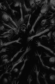 a black and white drawing of many hands reaching out to each other, with skulls on the floor