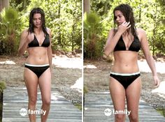 two pictures of a woman in bikinis talking on a cell phone while walking down a path