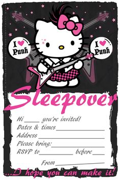 a hello kitty birthday party card with the words sleepover on it and an image of a