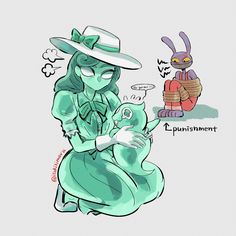 a drawing of a woman in a green dress and hat holding a small cat with an angry look on her face