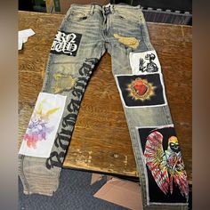 Nwt New Runaway Los Angeles, Rnwy, Style Punk Rock. Golden Indigo. Jeans Sz 28 Urban Denim Bottoms With Patches, Straight Leg Bottoms With Patches For Streetwear, Trendy Fitted Bottoms With Patches, Painting On Jeans, Jean Art, Indigo Jeans, Painted Jeans, Diy Upcycle, Casual Wide Leg Pants