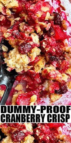 an image of cranberry crisp on a plate with a serving utensil