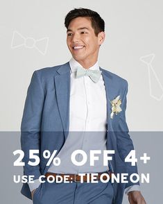 a man in a blue suit and bow tie with the text 25 % off use code tieson