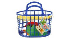 a blue shopping basket filled with toys