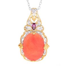 Featuring a 20x15mm oval dyed salmon coral cabochon, this Gems en Vogue pendant with chain will look simply stunning on your neckline! Wear it any time you want to add a gorgeous splash of color to your style, whether you're going casual or dressing up. Above the coral is a 5x3mm pear-shaped, 0.19 carat rhodolite gemstone that provides even more color and a dash of sparkle. The exquisite piece is expertly crafted in a sterling silver and palladium alloy with 18K yellow gold plated accents. The Coral, Pendant With Chain, Jewelry Plate, Pear Shaped, Precious Metals, Jewellery And Watches, Color Splash, Pear, Platinum