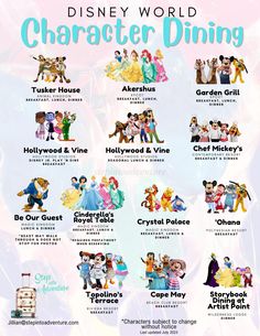 the disney world character dining poster with all their characters and names on it's side