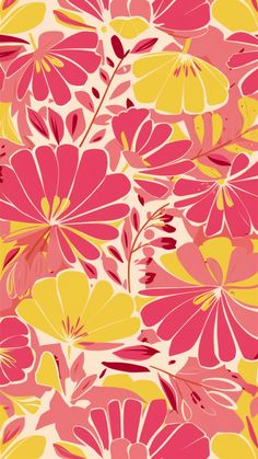 pink and yellow flowers on a white background with red, yellow, and green leaves