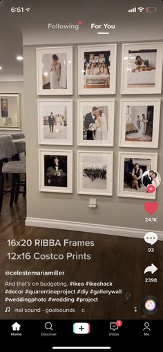 a room with pictures hanging on the wall and an instagramr for photos above it