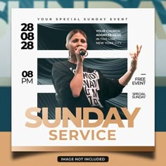 a flyer for a sunday service with a woman singing into a microphone and holding her hands up in the air