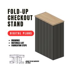 the fold - up checkout stand is shown with instructions for it to be assembled